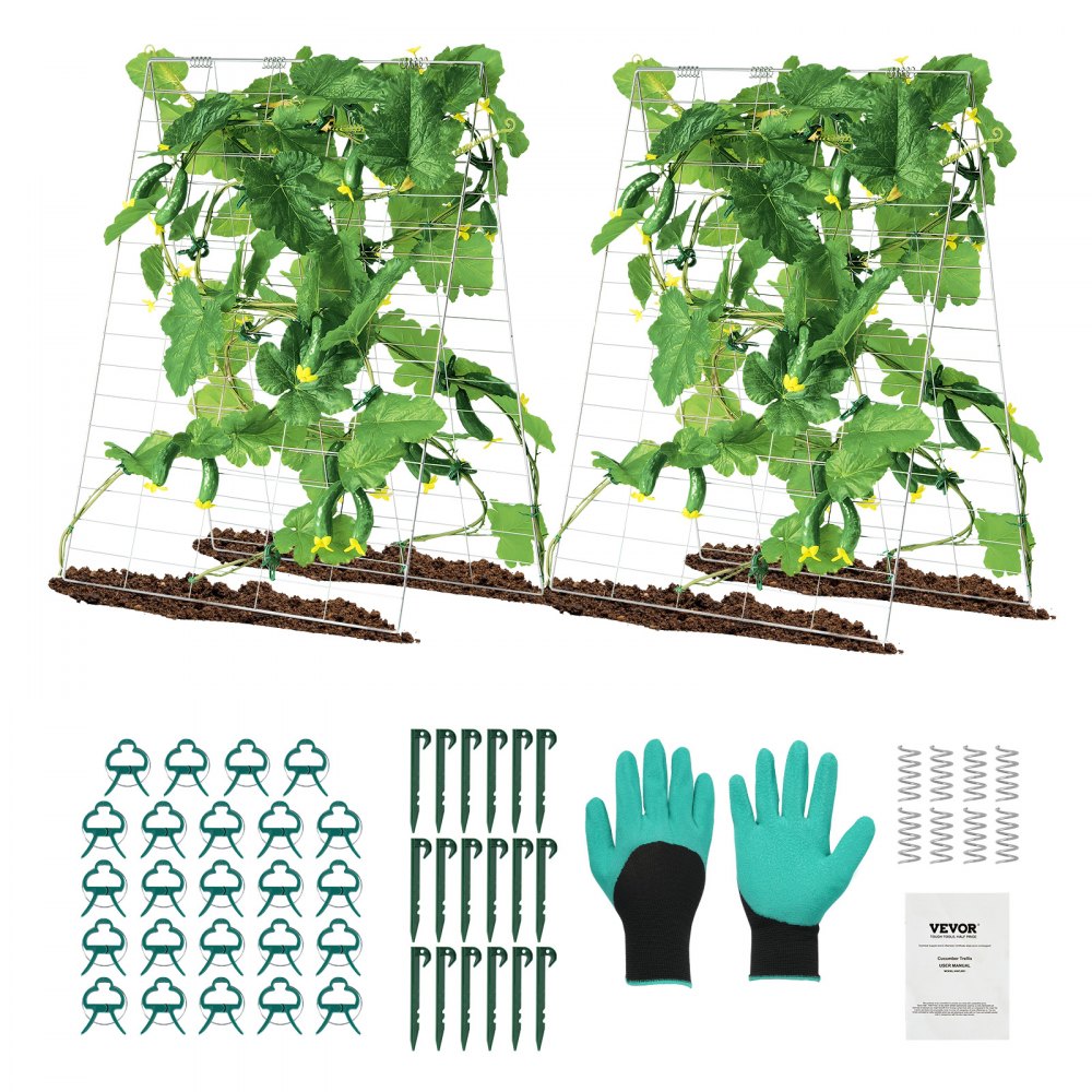 VEVOR Cucumber Trellis for Climbing Plants, 35" x 55" Foldable Cucumber Trellis Set with Plant Clips, Metal Garden Trellis for Raised Bed, Outdoor Plant Grow Support for Tomato, Squash, Vegetable