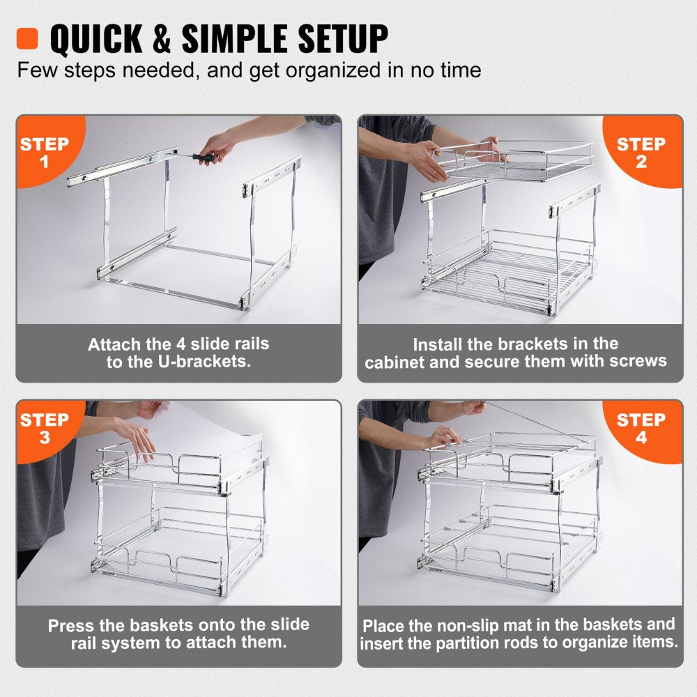 VEVOR 2 Tier 14"Wx21"Dx15"H Pull Out Cabinet Organizer, Heavy Duty Slide Out Pantry Shelves, Steel Roll Out Drawers, Sliding Drawer Storage for Home, 15.5"Wx22"Dx18"H Install Size for Cabinet