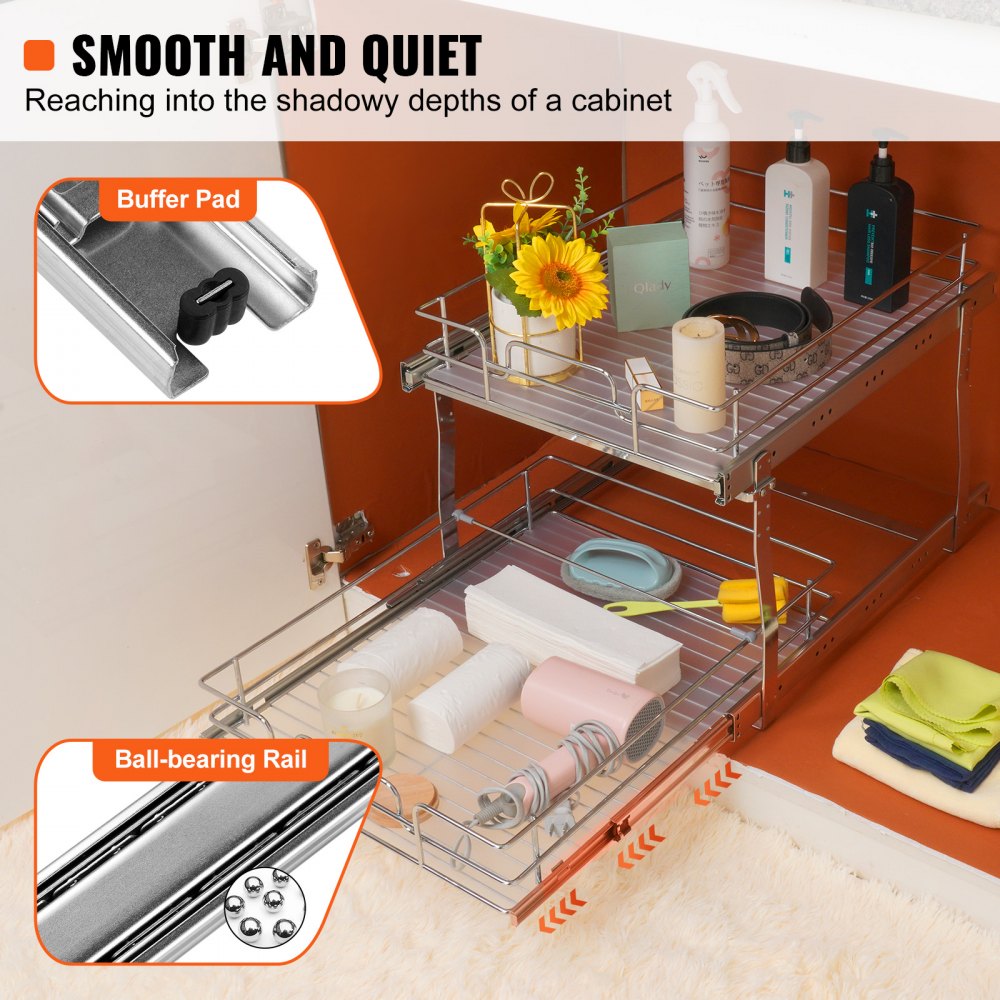 VEVOR 2 Tier 17"Wx21"Dx15"H Pull Out Cabinet Organizer, Heavy Duty Slide Out Pantry Shelves, Steel Roll Out Drawers, Sliding Drawer Storage for Home, 18.5"Wx22"Dx18"H Install Size for Cabinet