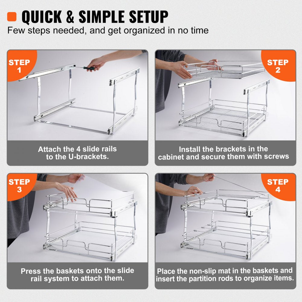 VEVOR 2 Tier 17"Wx21"Dx15"H Pull Out Cabinet Organizer, Heavy Duty Slide Out Pantry Shelves, Steel Roll Out Drawers, Sliding Drawer Storage for Home, 18.5"Wx22"Dx18"H Install Size for Cabinet