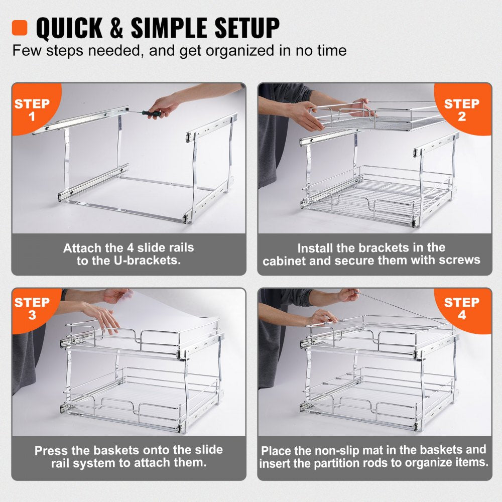 VEVOR 2 Tier 20"Wx21"Dx15"H Pull Out Cabinet Organizer, Heavy Duty Slide Out Pantry Shelves, Steel Roll Out Drawers, Sliding Drawer Storage for Home, 21.5"Wx22"Dx18"H Install Size for Cabinet