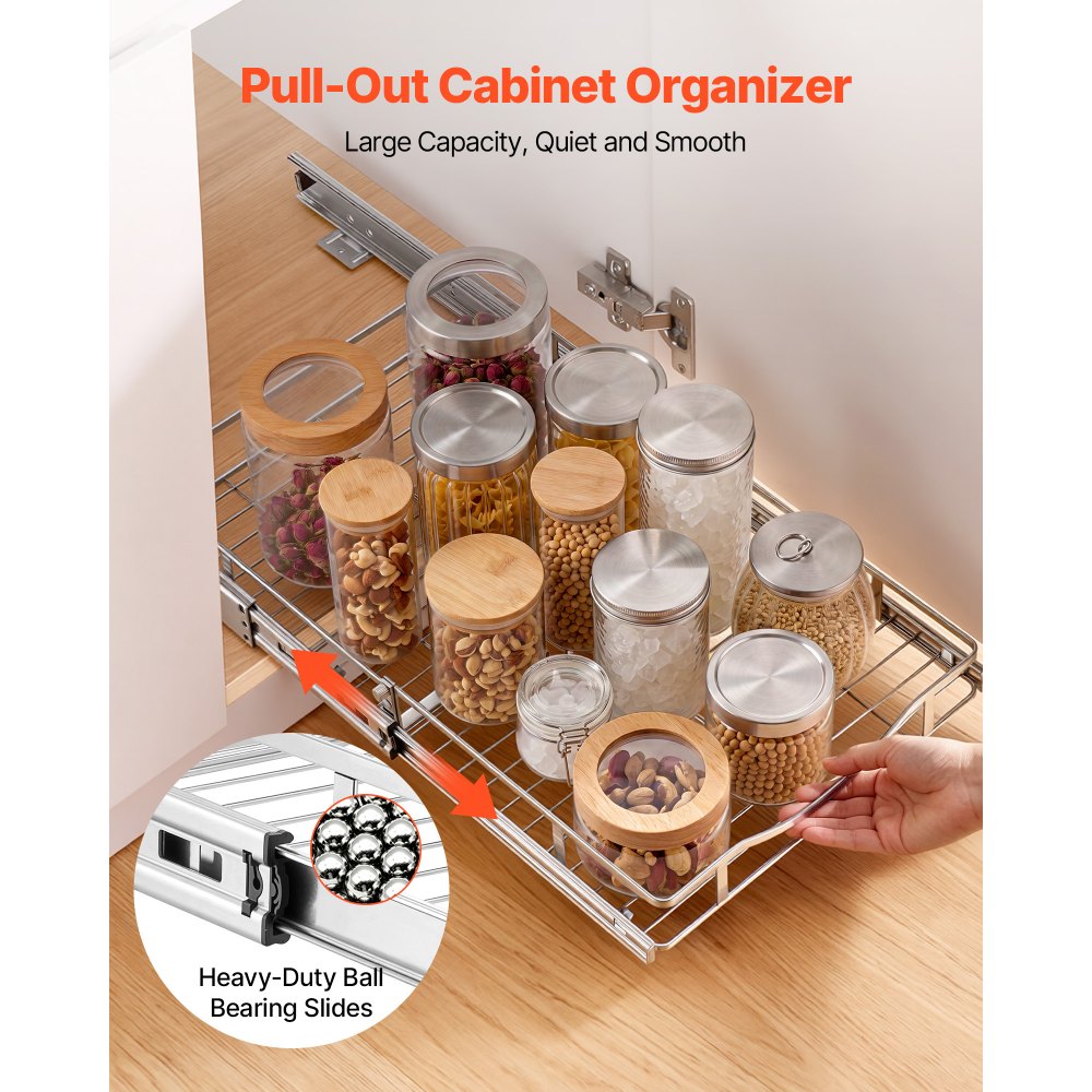 VEVOR Pull Out Cabinet Organizer 14.06"W x 20.94"D Steel Slide Out Drawers, for Kitchen Bathroom Pantry Home Organization, Chrome-Plated Finish, Heavy Duty Storage Sliding Shelves for Base Cabinets