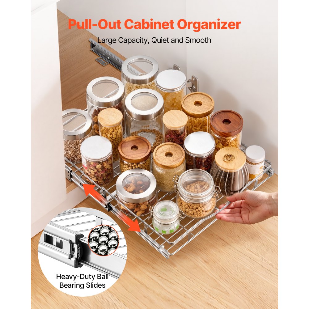 VEVOR Pull Out Cabinet Organizer 16.93"W x 21.06"D Steel Slide Out Drawers, for Kitchen Bathroom Pantry Home Organization, Chrome-Plated Finish, Heavy Duty Storage Sliding Shelves for Base Cabinets