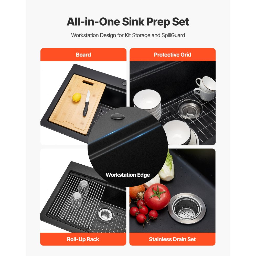 All-in-one sink prep set showing board, protective grid, roll-up rack, and drain set