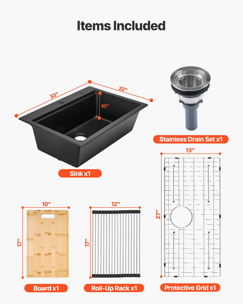 Items included with sink: sink, drain set, board, roll-up rack, protective grid