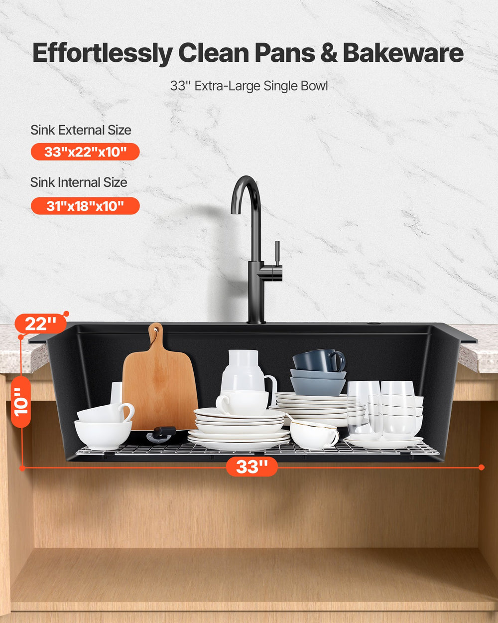 33 inch extra-large single bowl sink capacity and dimensions illustration