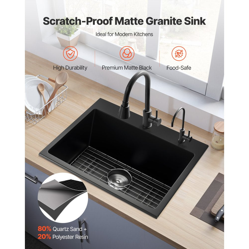 VEVOR 25 inch Kitchen Sink Workstation, Top Mount Granite Sinks, Drop-In Single Bowl Farmhouse Basin with Multiple Accessories, Household Dishwasher Sinks for RV, Prep Kitchen, and Bar (Black)
