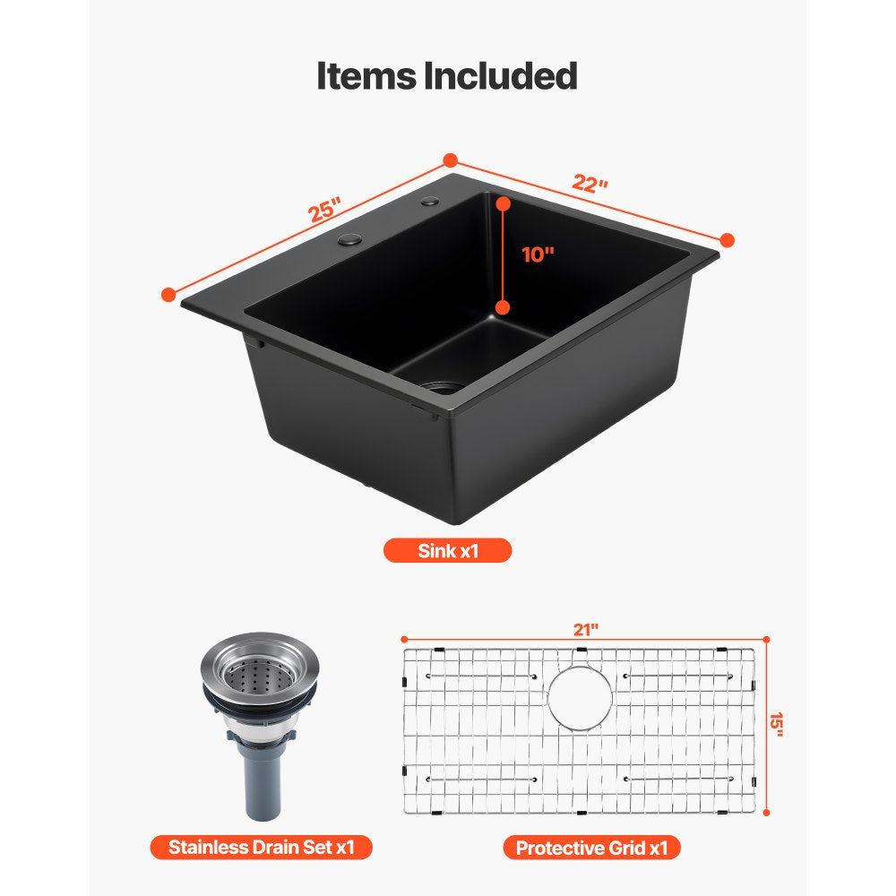 VEVOR 25 inch Kitchen Sink Workstation, Top Mount Granite Sinks, Drop-In Single Bowl Farmhouse Basin with Multiple Accessories, Household Dishwasher Sinks for RV, Prep Kitchen, and Bar (Black)