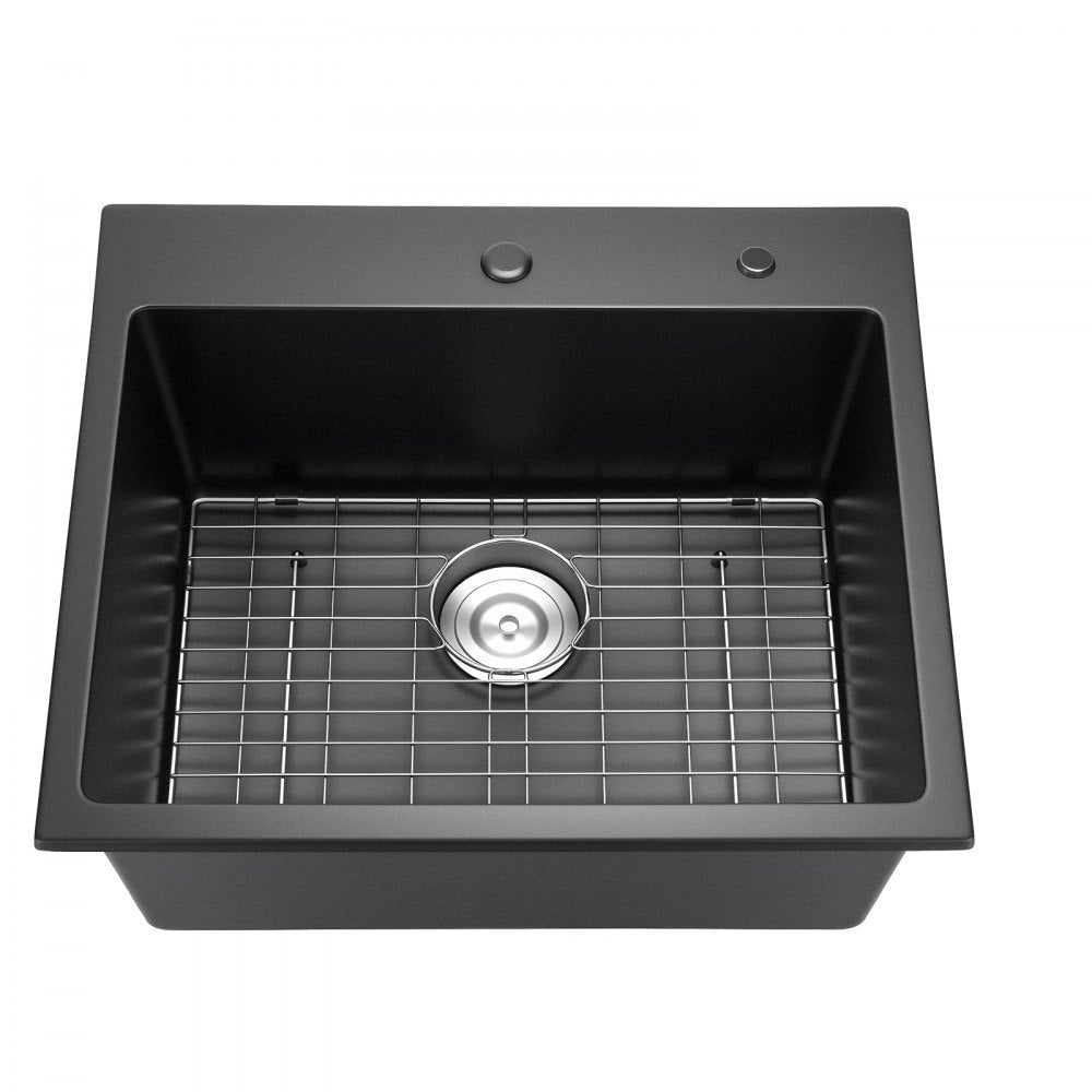 VEVOR 25 inch Kitchen Sink Workstation, Top Mount Granite Sinks, Drop-In Single Bowl Farmhouse Basin with Multiple Accessories, Household Dishwasher Sinks for RV, Prep Kitchen, and Bar (Black)