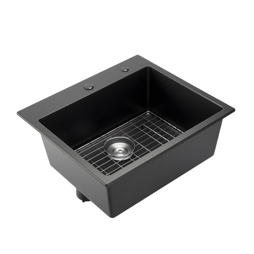 VEVOR 25 inch Kitchen Sink Workstation, Top Mount Granite Sinks, Drop-In Single Bowl Farmhouse Basin with Multiple Accessories, Household Dishwasher Sinks for RV, Prep Kitchen, and Bar (Black)