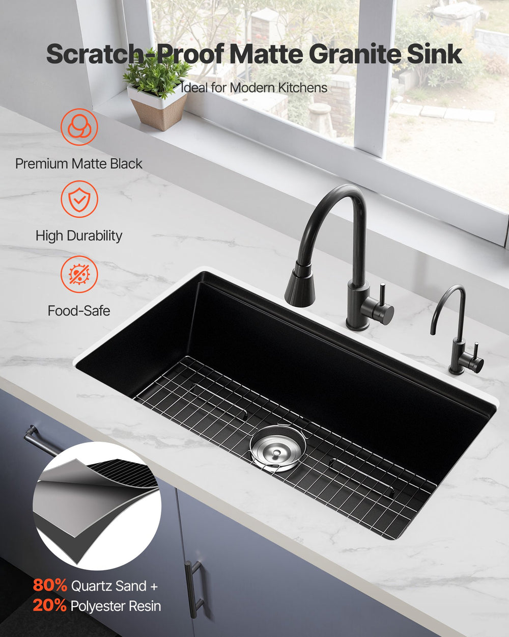Scratch-proof matte granite sink installed in kitchen (black)