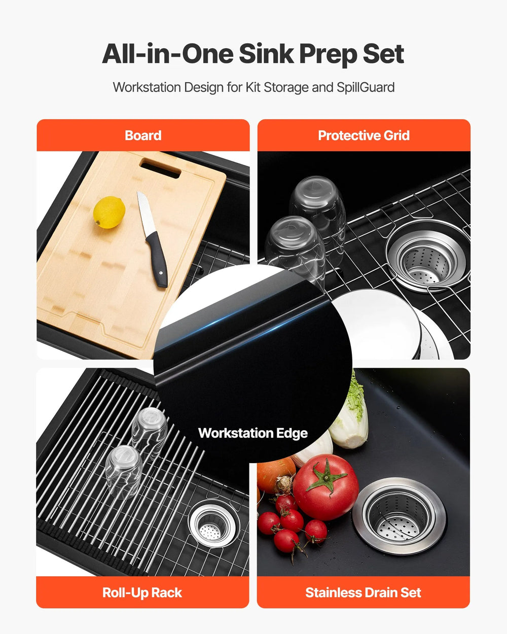 All-in-one sink prep set showing board, protective grid, roll-up rack, and drain set
