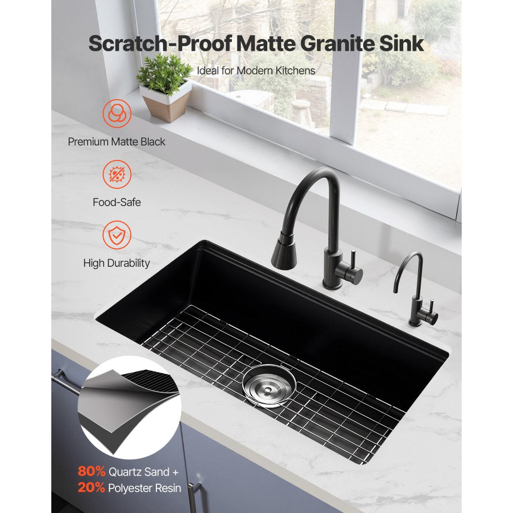 VEVOR 30 inch Kitchen Sink Workstation, Undermount Granite Sink, Drop-In Single Bowl Farmhouse Basin with Multiple Accessories, Household Dishwasher Sinks for RV, Prep Kitchen, and Bar (Black)
