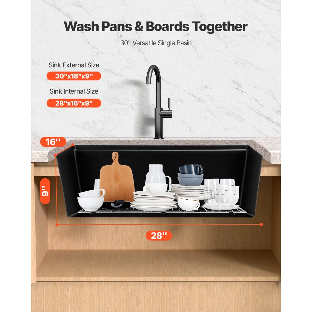 VEVOR 30 inch Kitchen Sink Workstation, Undermount Granite Sink, Drop-In Single Bowl Farmhouse Basin with Multiple Accessories, Household Dishwasher Sinks for RV, Prep Kitchen, and Bar (Black)