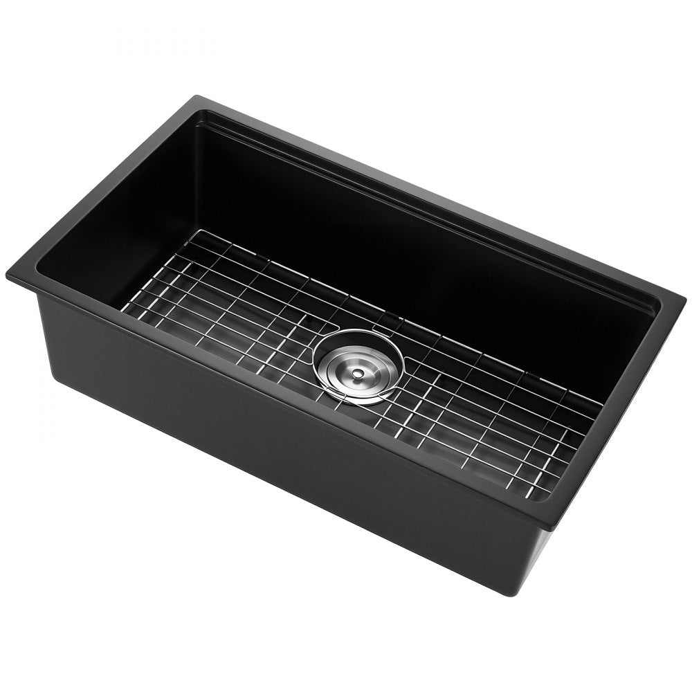 VEVOR 30 inch Kitchen Sink Workstation, Undermount Granite Sink, Drop-In Single Bowl Farmhouse Basin with Multiple Accessories, Household Dishwasher Sinks for RV, Prep Kitchen, and Bar (Black)