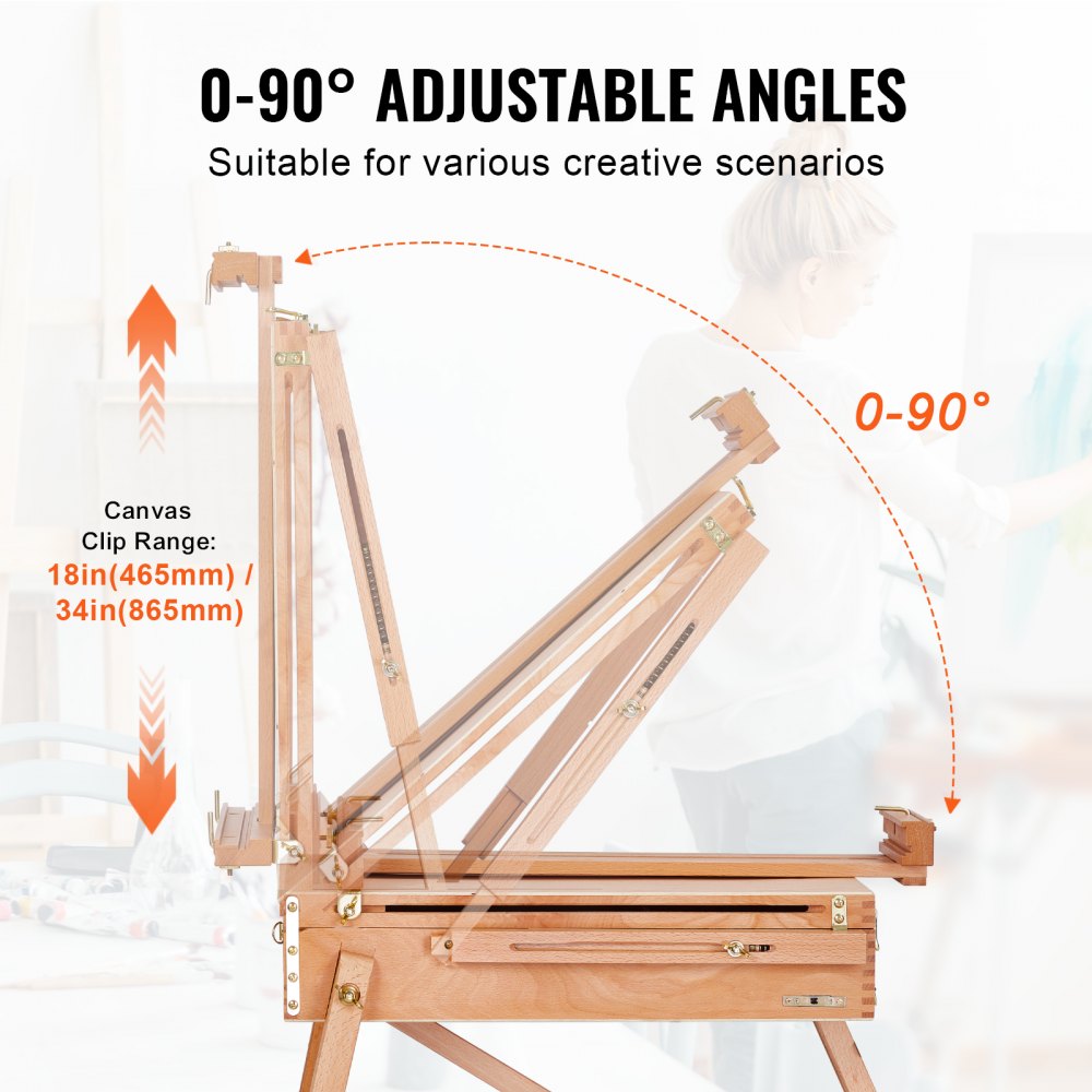 VEVOR French Easel, Hold Canvas to 34", Beechwood Foldable Sketchbox Easel with Drawer, Palette and Strap, Angle and Height Adjustable, Portable Wooden Art Painting Easel for Studio and Field