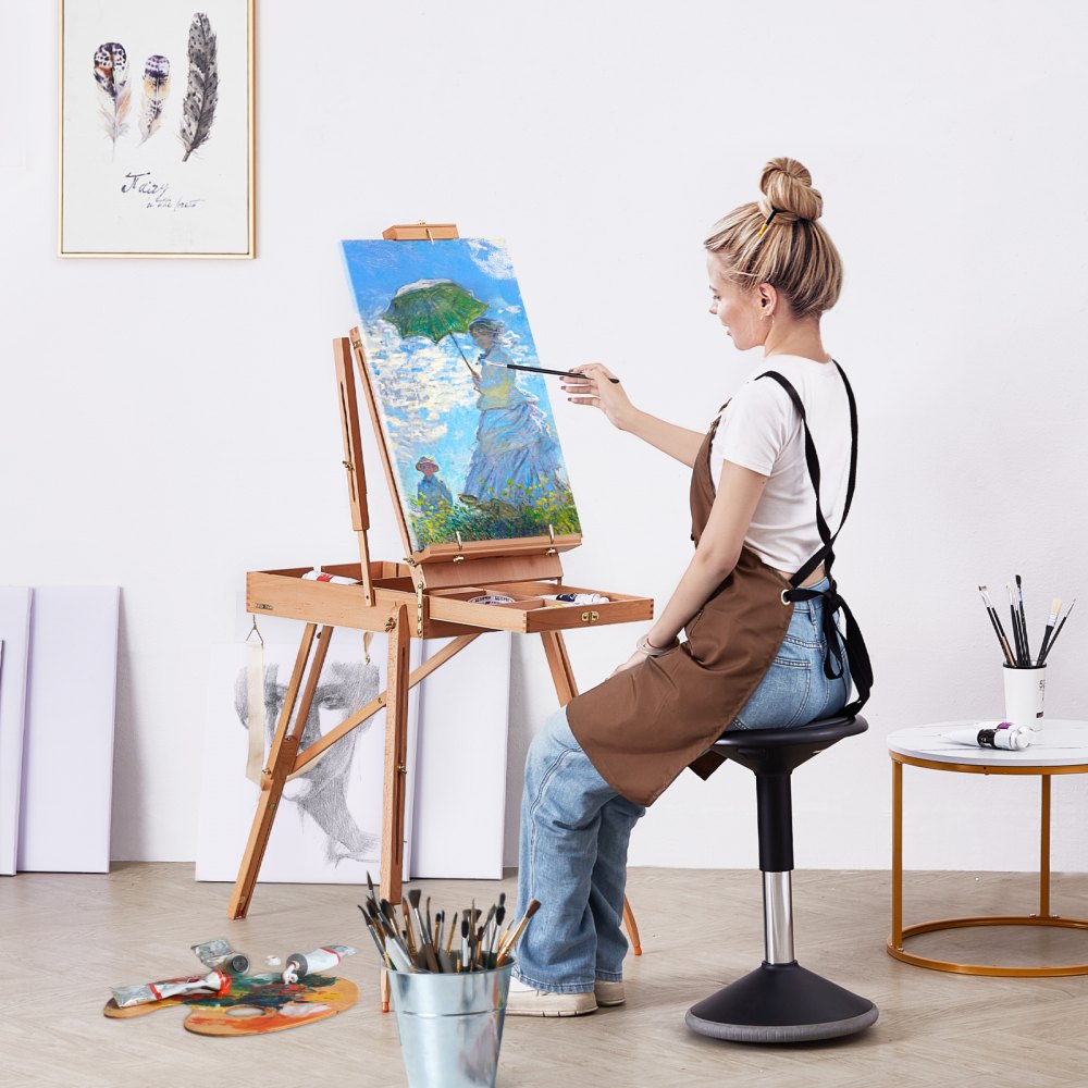 VEVOR French Easel, Hold Canvas to 34", Beechwood Foldable Sketchbox Easel with Drawer, Palette and Strap, Angle and Height Adjustable, Portable Wooden Art Painting Easel for Studio and Field