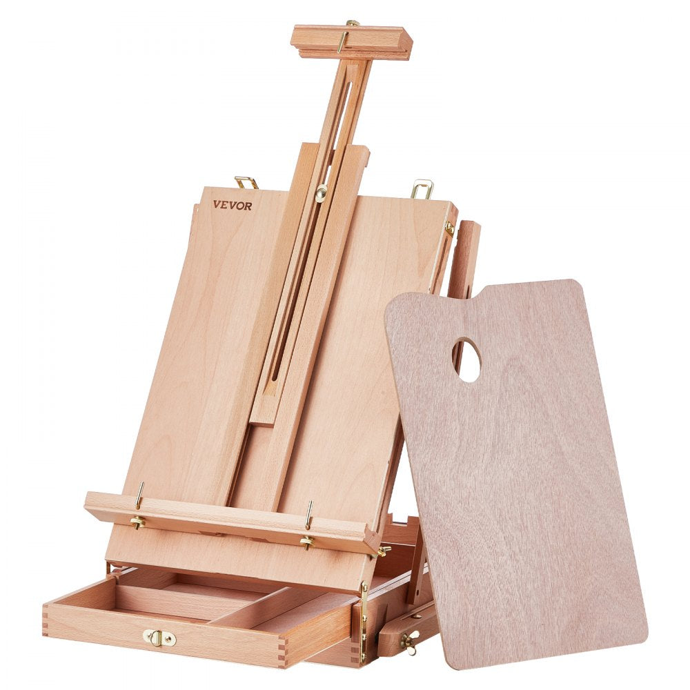 VEVOR French Easel, Hold Canvas to 34", Beechwood Foldable Sketchbox Easel with Drawer, Palette and Strap, Angle and Height Adjustable, Portable Wooden Art Painting Easel for Studio and Field