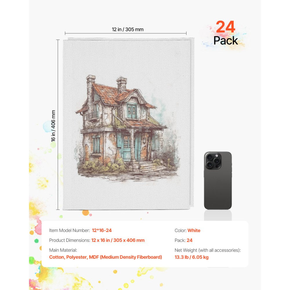 VEVOR Canvas Boards for Painting, 12 x 16 Inch White Canvases for Painting, 24 Pack Painting Canvas Panels for Sketching, Acrylic and Oil Painting, Watercolor, Paint Canvas for Kids and Professionals