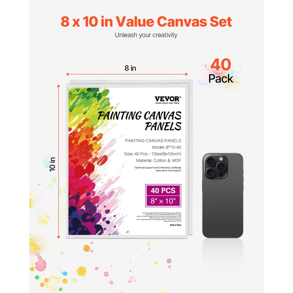 VEVOR Canvas Boards for Painting, 8 x 10 Inch White Canvases for Painting, 40 Pack Painting Canvas Panels for Sketching, Acrylic and Oil Painting, Watercolor, Paint Canvas for Kids and Professionals