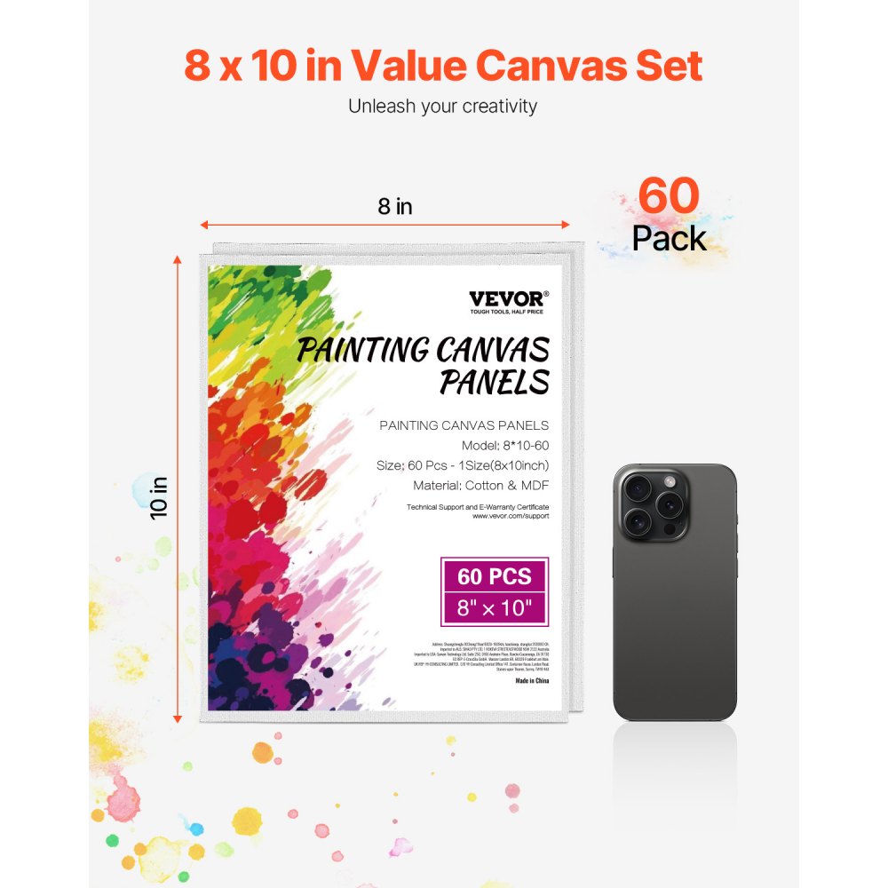 VEVOR Canvas Boards for Painting, 8 x 10 Inch White Canvases for Painting, 60 Pack Painting Canvas Panels for Sketching, Acrylic and Oil Painting, Watercolor, Paint Canvas for Kids and Professionals