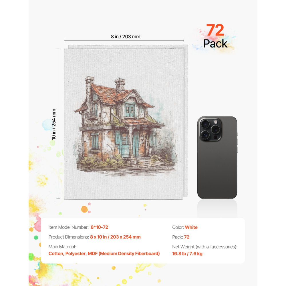 VEVOR Canvas Boards for Painting, 8 x 10 Inch White Canvases for Painting, 72 Pack Painting Canvas Panels for Sketching, Acrylic and Oil Painting, Watercolor, Paint Canvas for Kids and Professionals