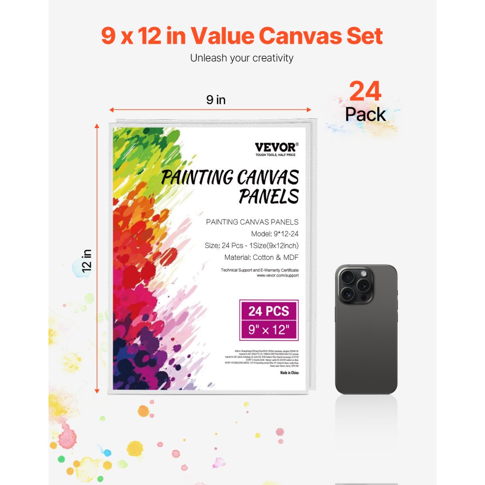 VEVOR Canvas Boards for Painting, 9 x 12 Inch White Canvases for Painting, 24 Pack Painting Canvas Panels for Sketching, Acrylic and Oil Painting, Watercolor, Paint Canvas for Kids and Professionals