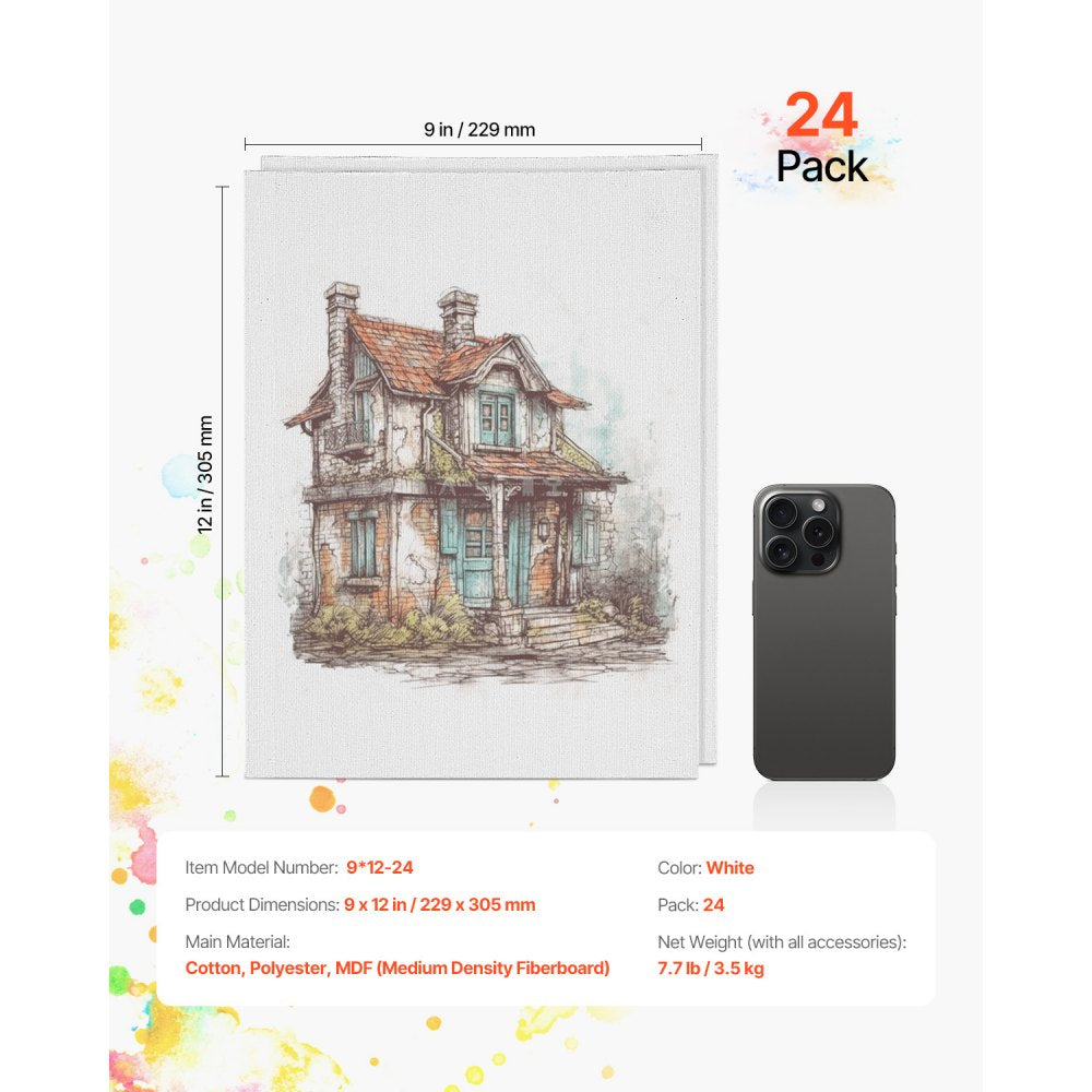 VEVOR Canvas Boards for Painting, 9 x 12 Inch White Canvases for Painting, 24 Pack Painting Canvas Panels for Sketching, Acrylic and Oil Painting, Watercolor, Paint Canvas for Kids and Professionals