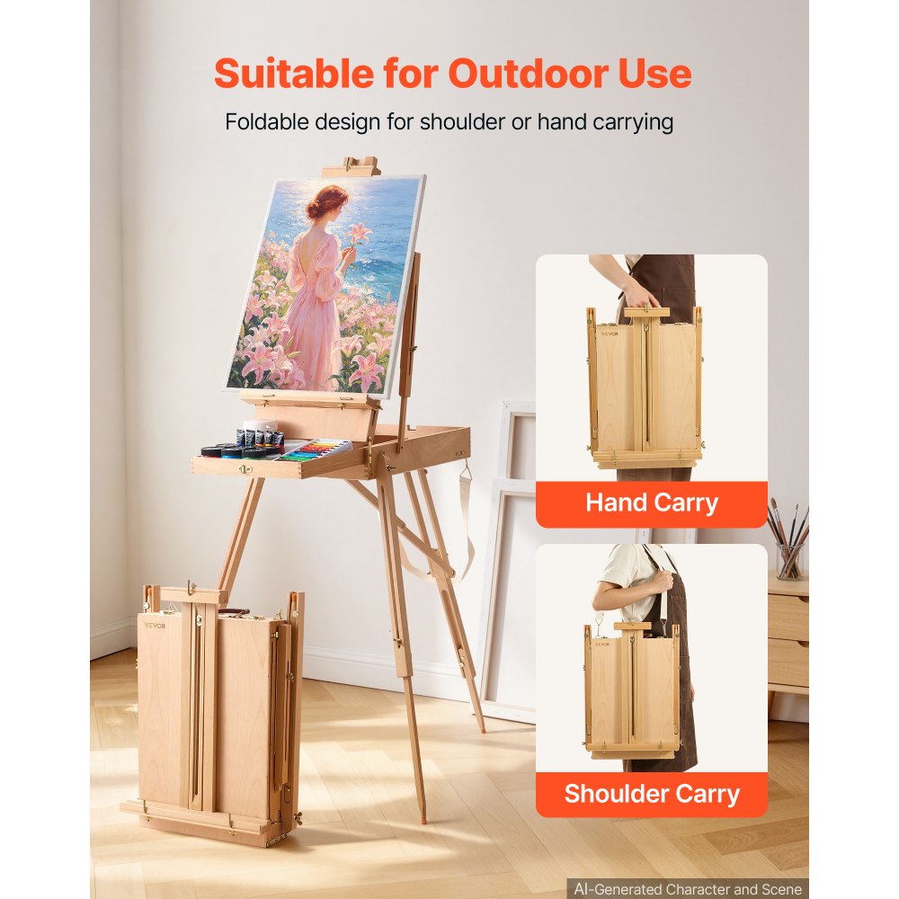 VEVOR French Easel with Legs Foldable and Portable Sketchbox Easel Stand, For Painting, Solid Beech Wood, Holds Canvas up to 33.86", Adjustable Height & Angle, with Drawer, Palette, Shoulder Strap