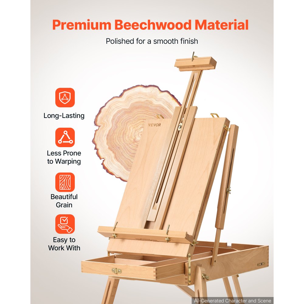 VEVOR French Easel with Legs Foldable and Portable Sketchbox Easel Stand, For Painting, Solid Beech Wood, Holds Canvas up to 33.86", Adjustable Height & Angle, with Drawer, Palette, Shoulder Strap