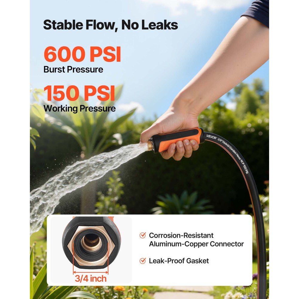 VEVOR Garden Hose, 100 ft 5/8" Heavy Duty 4-Layer Rubber Water Hose, 150PSI Working & 600PSI Burst, Flexible & Non-kink Outdoor Waterhose with 3/4" Fitting, Lightweight Hoses for Gardening Cleaning