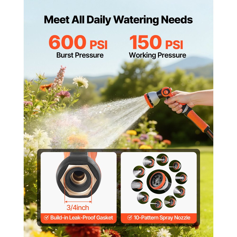 VEVOR Garden Hose, 150 ft 5/8" Heavy Duty Rubber Water Hose with 10 Mode Nozzle, 150PSI Working & 600PSI Burst, Flexible & Non-kink Outdoor Waterhose with 3/4" Fitting, Lightweight Hoses for Gardening