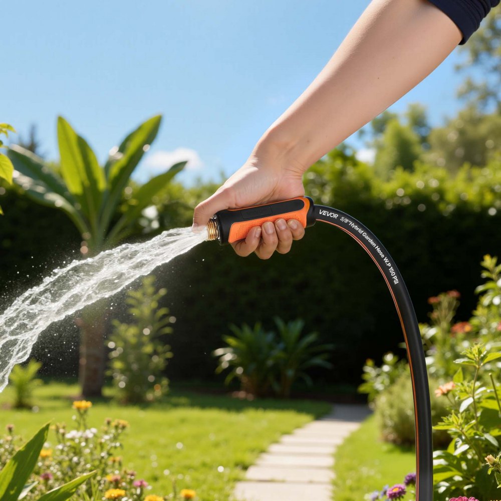 VEVOR Garden Hose, 50 ft 5/8" Heavy Duty 4-Layer Rubber Water Hose, 150PSI Working & 600PSI Burst, Flexible & Non-kink Outdoor Waterhose with 3/4" Fitting, Lightweight Hoses for Gardening Cleaning
