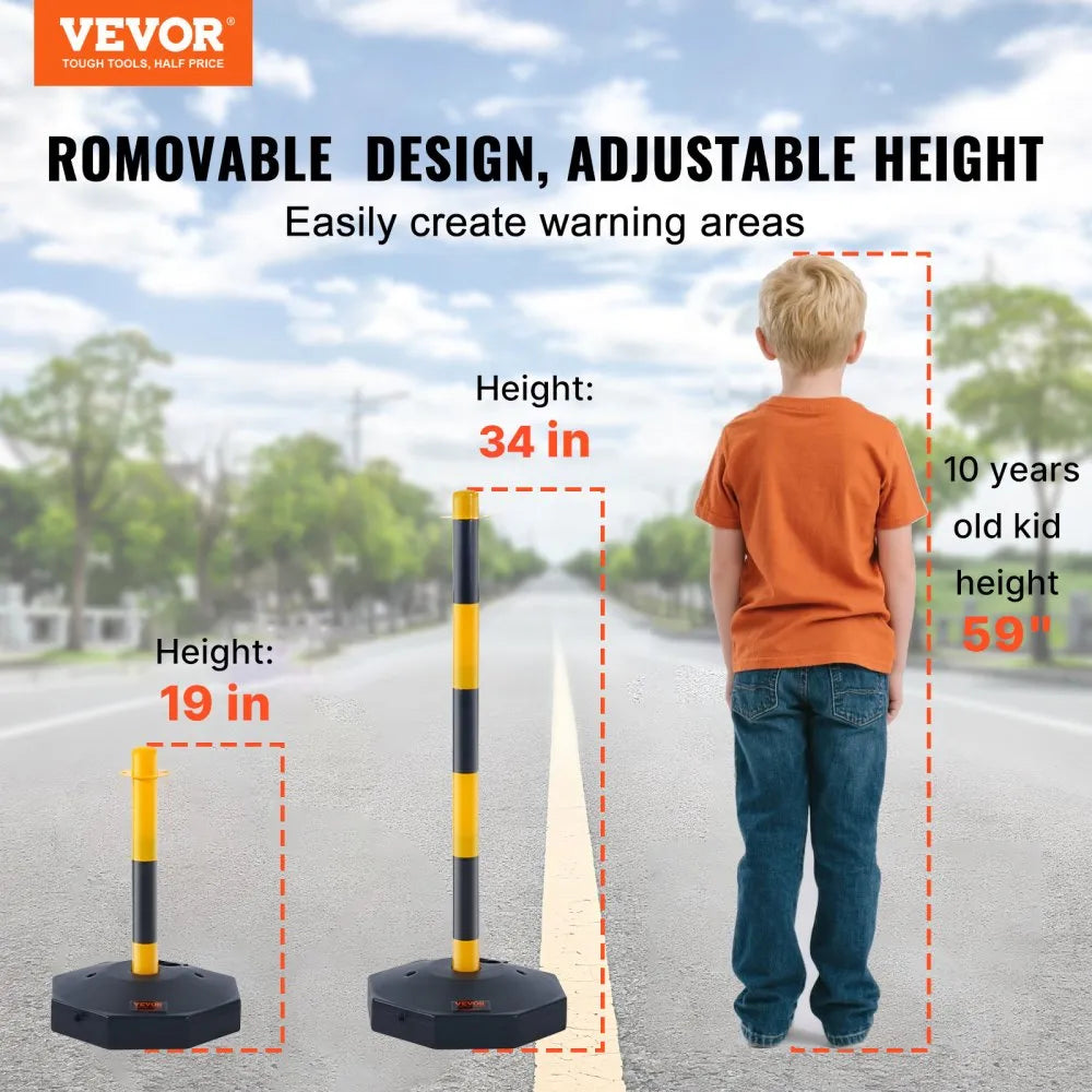VEVOR Adjustable Traffic Delineator Post Cones, 2 Pack, Traffic Safety Delineator Barrier with Fillable Base 8FT Chain, for Traffic Control Warning Parking Lot Construction Caution Roads, Yellow&Black