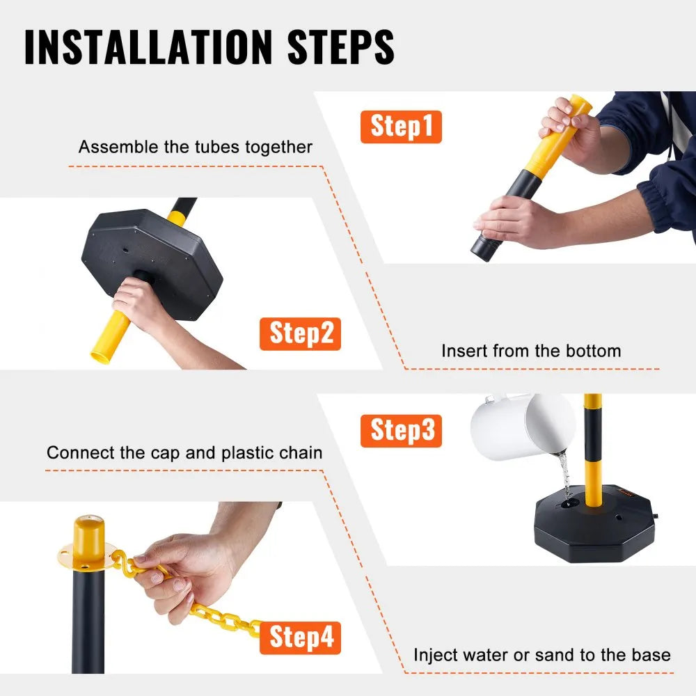VEVOR Adjustable Traffic Delineator Post Cones, 2 Pack, Traffic Safety Delineator Barrier with Fillable Base 8FT Chain, for Traffic Control Warning Parking Lot Construction Caution Roads, Yellow&Black