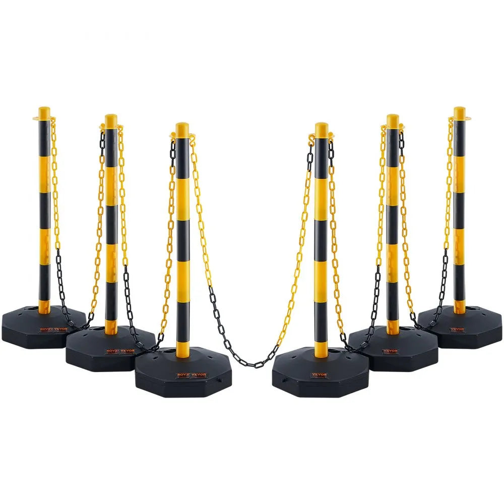 VEVOR Adjustable Traffic Delineator Post Cones, 6 Pack, Traffic Safety Delineator Barrier with Fillable Base 8FT Chain, for Traffic Control Warning Parking Lot Construction Caution Roads, Yellow&Black