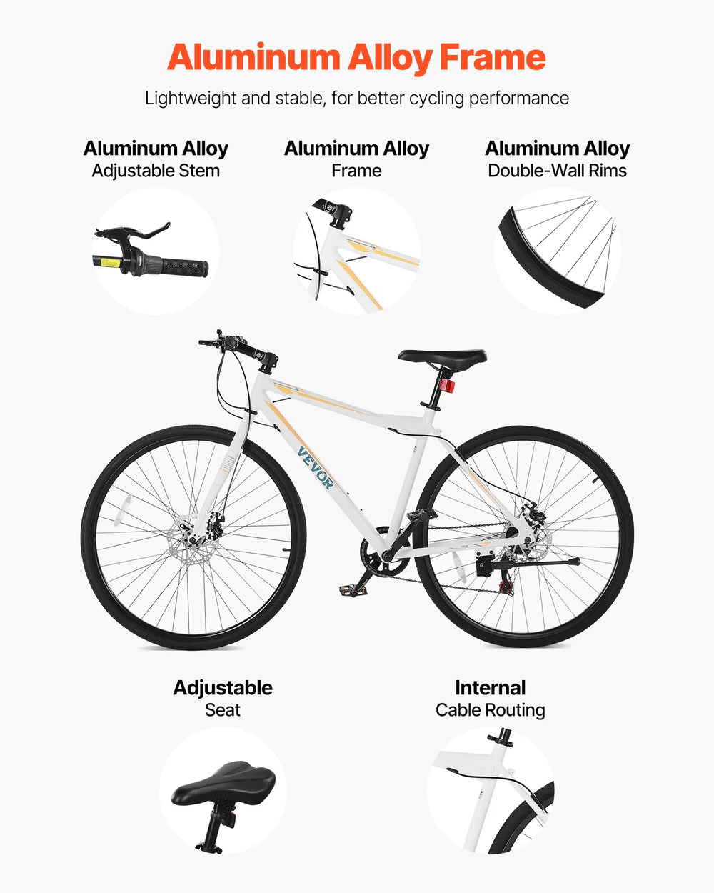 Aluminum alloy frame highlights - adjustable stem, double-wall rims, internal cable routing