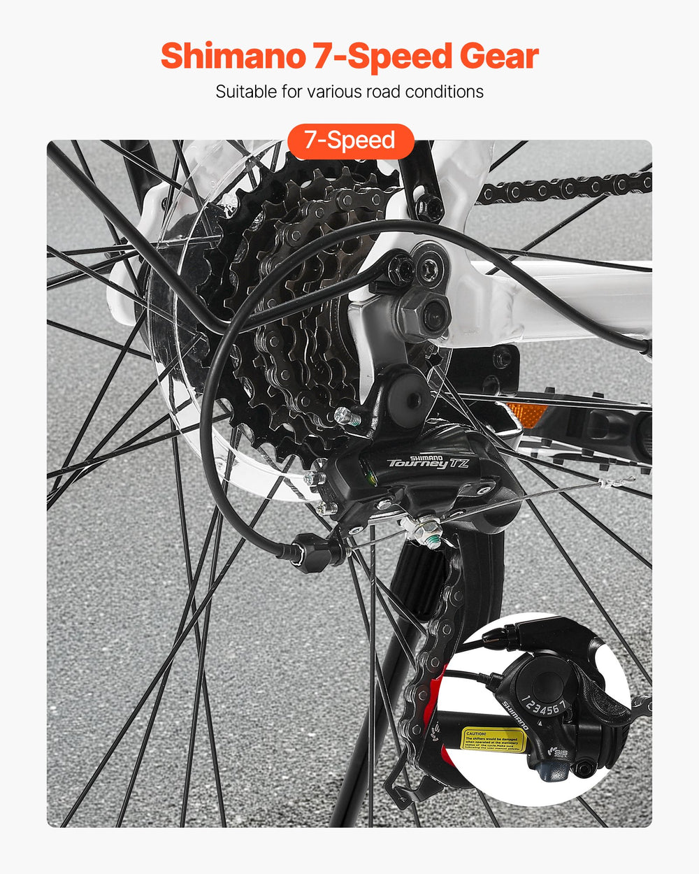 VEVOR hybrid bike Shimano 7-speed gear drivetrain detail