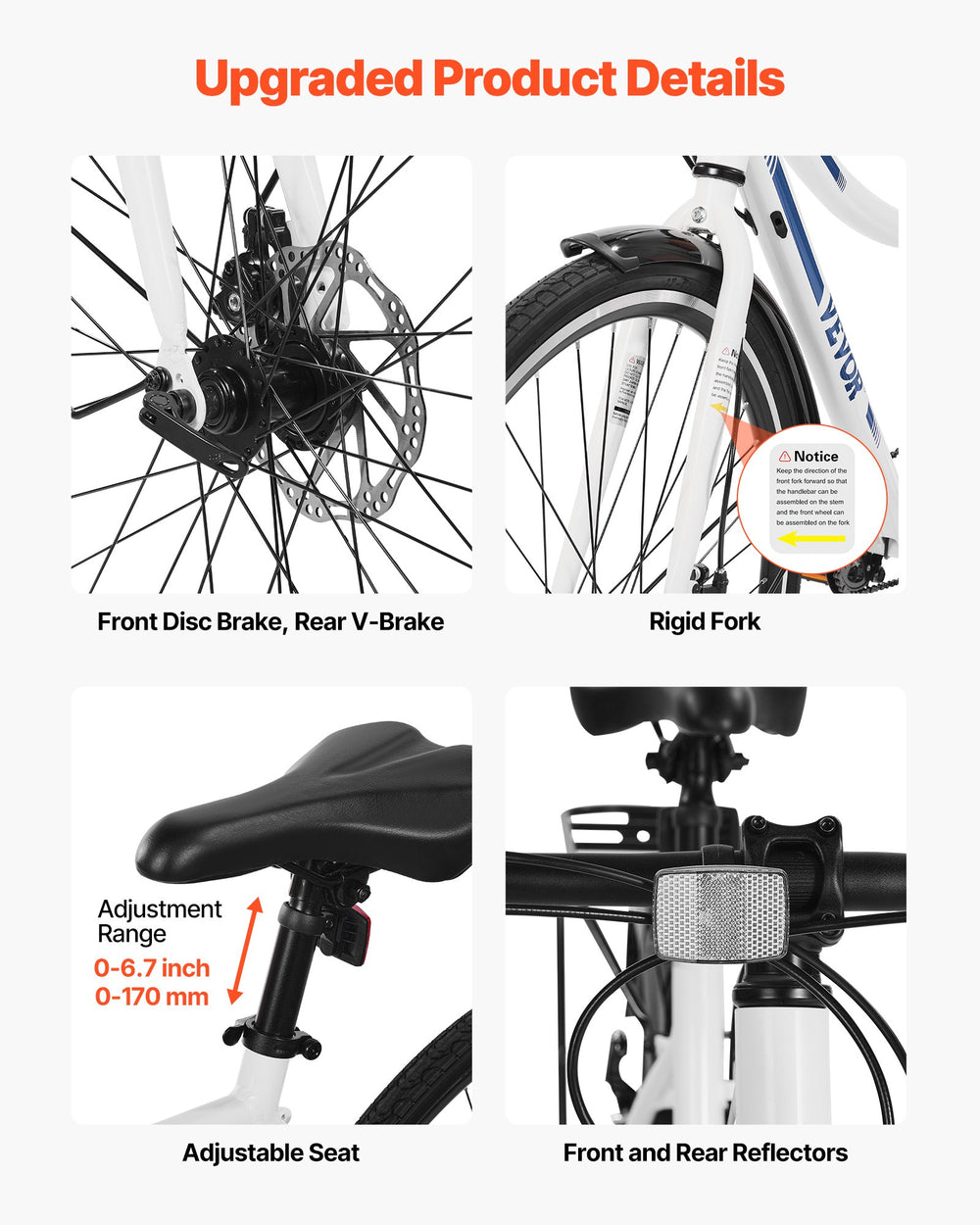 VEVOR hybrid bike upgraded product details: disc brake, V-brake, rigid fork, adjustable seat, reflectors