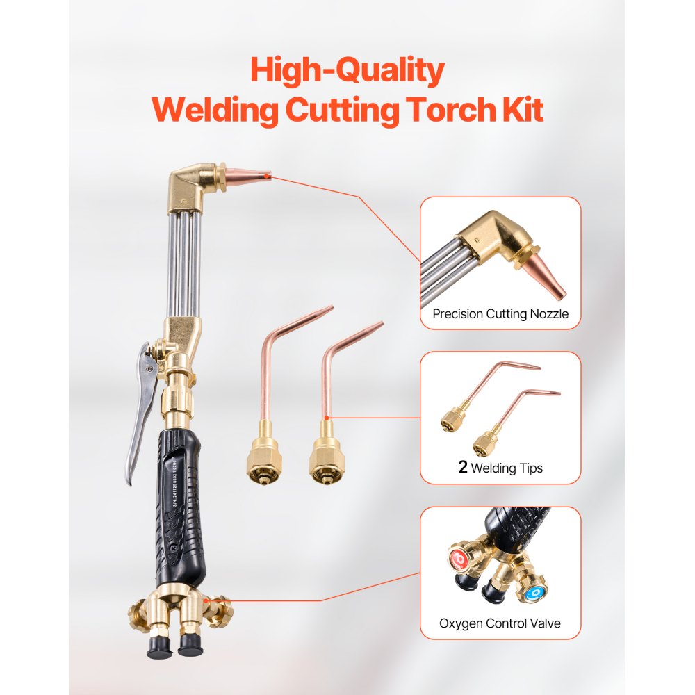 VEVOR Oxygen Acetylene Torch Kit, Gas Welding Cutting Torch Kit, 12PCS Oxy Acetylene Brazing Tool Set with 177 inches Twin-Hose, 1 Cutting Nozzle, 2 Welding Tips & 2 Regulators (without Gas Cylinder)
