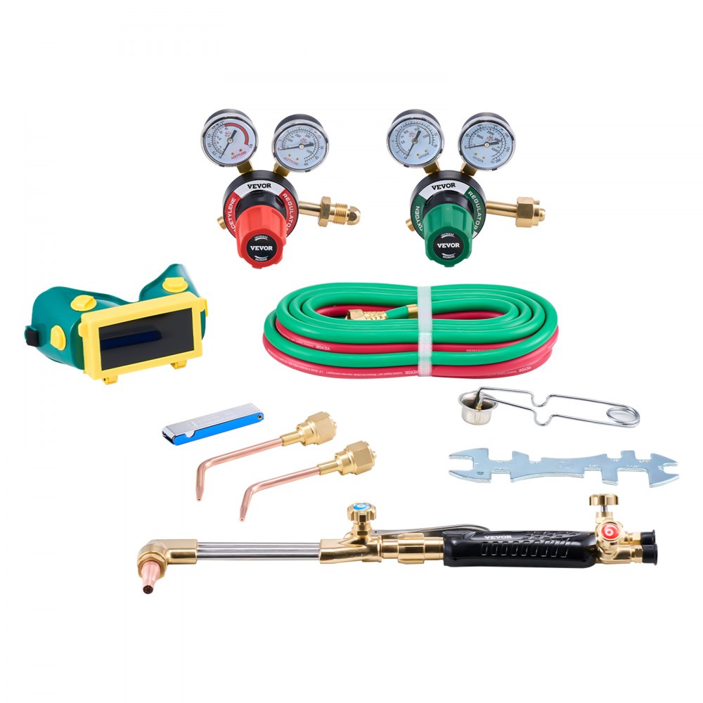 VEVOR Oxygen Acetylene Torch Kit, Gas Welding Cutting Torch Kit, 12PCS Oxy Acetylene Brazing Tool Set with 177 inches Twin-Hose, 1 Cutting Nozzle, 2 Welding Tips & 2 Regulators (without Gas Cylinder)