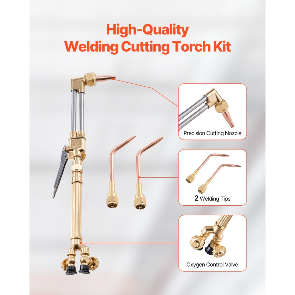 VEVOR Oxygen Acetylene Torch Kit, Gas Welding Cutting Torch Kit, 14PCS Portable Oxy Acetylene Brazing Set with 177'' Twin-Hose, Cutting Nozzle, 2 Welding Tips & Cylinder Holder (without Gas Cylinder)