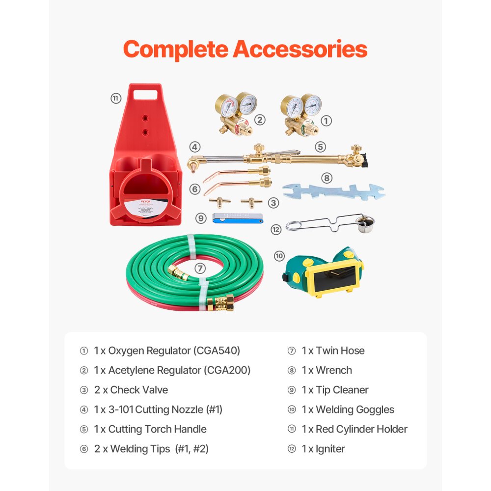 VEVOR Oxygen Acetylene Torch Kit, Gas Welding Cutting Torch Kit, 14PCS Portable Oxy Acetylene Brazing Set with 177'' Twin-Hose, Cutting Nozzle, 2 Welding Tips & Cylinder Holder (without Gas Cylinder)