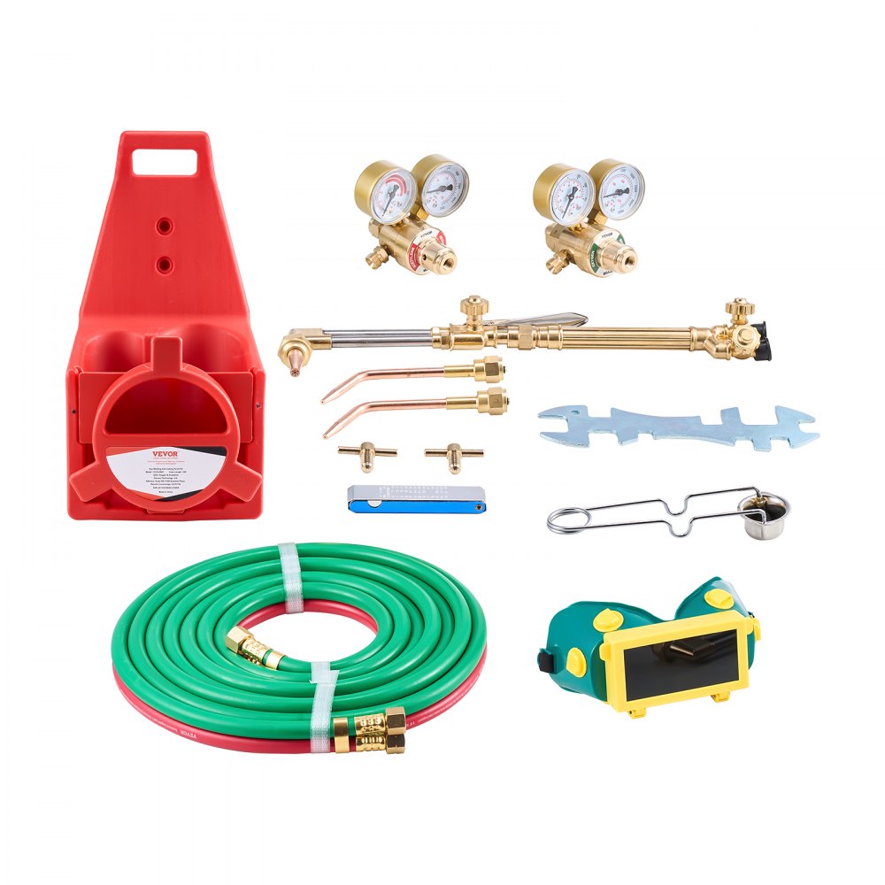 VEVOR Oxygen Acetylene Torch Kit, Gas Welding Cutting Torch Kit, 14PCS Portable Oxy Acetylene Brazing Set with 177'' Twin-Hose, Cutting Nozzle, 2 Welding Tips & Cylinder Holder (without Gas Cylinder)