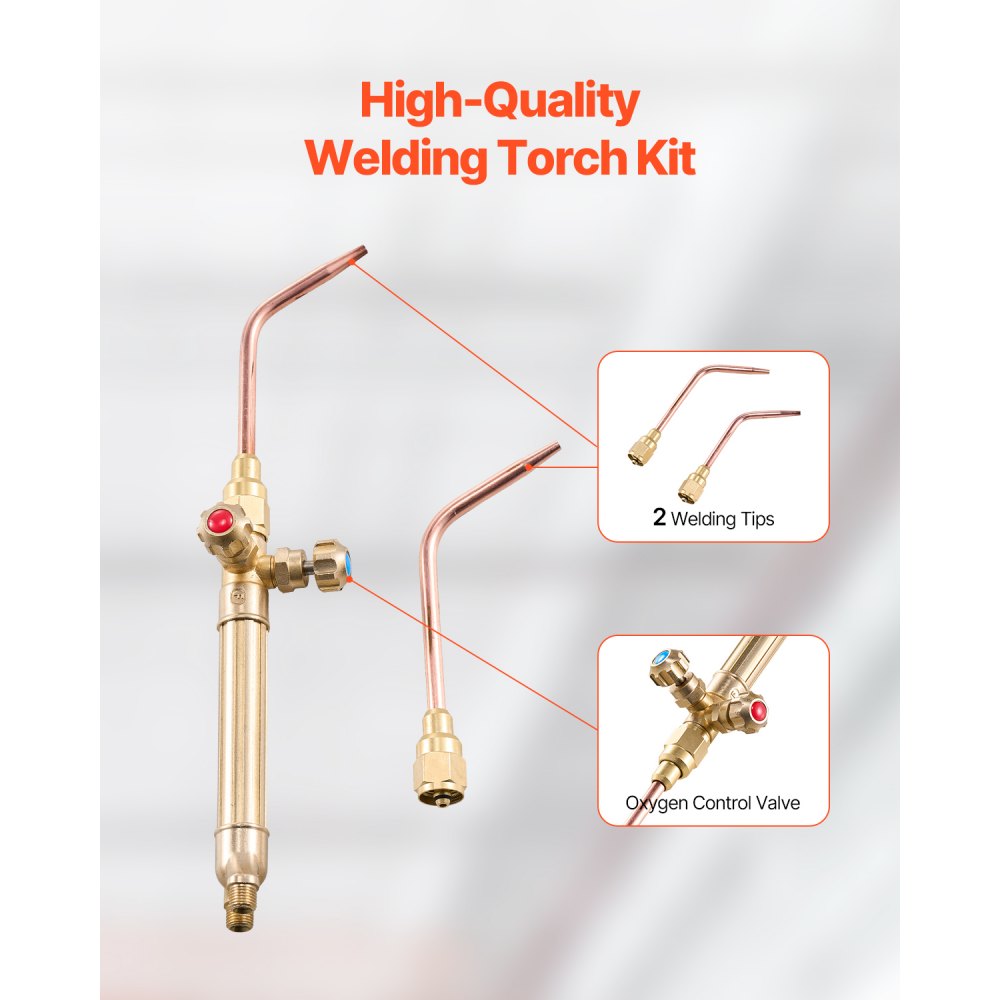 VEVOR Oxygen Acetylene Torch Kit, Gas Welding Torch Kit, 14PCS Portable Oxy Acetylene Brazing Set with 177'' Twin-Hose, 2 Welding Tips, Welding Torch, 2 Regulators, Cylinder Holder (without Cylinder)