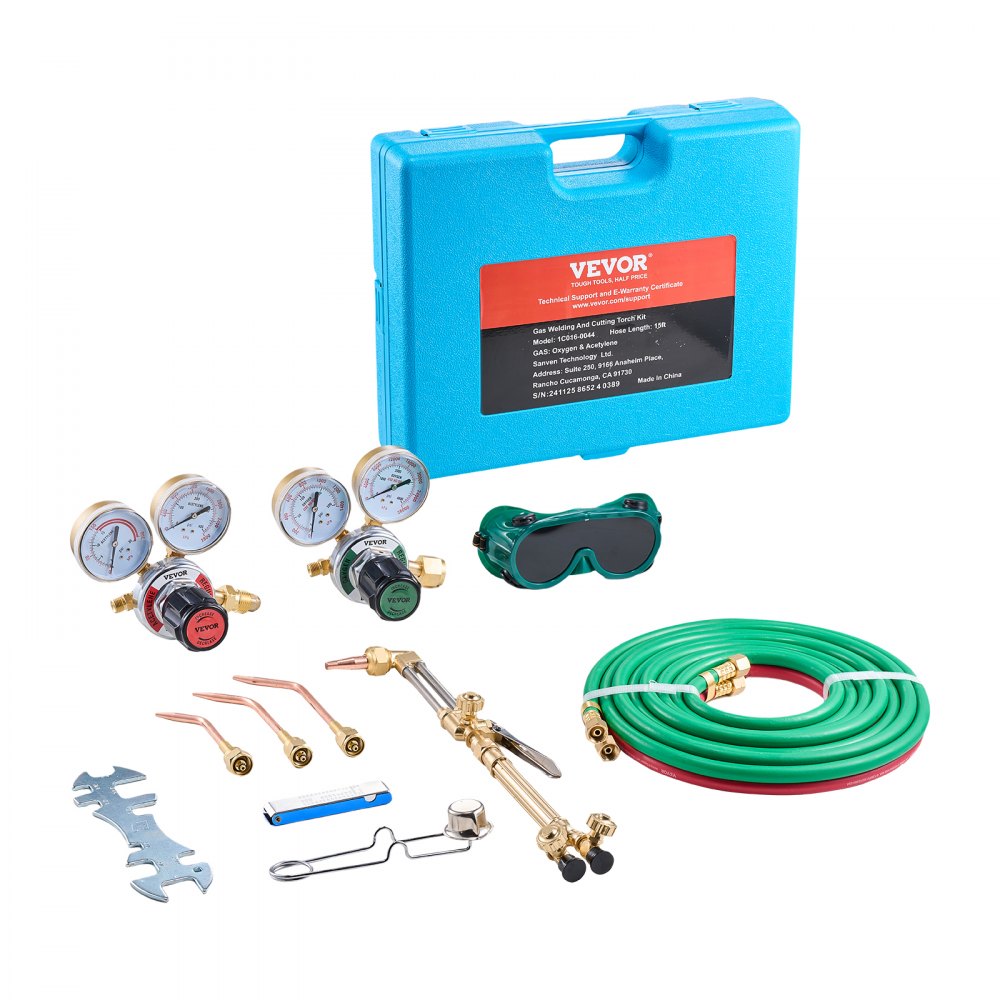 VEVOR Oxygen Acetylene Torch Kit, Gas Welding Cutting Torch Kit, 14PCS Portable Oxy Acetylene Brazing Set with 177'' Long Twin-Hose, Cutting Nozzle, 3 Welding Tips & Carry Case (without Gas Cylinder)