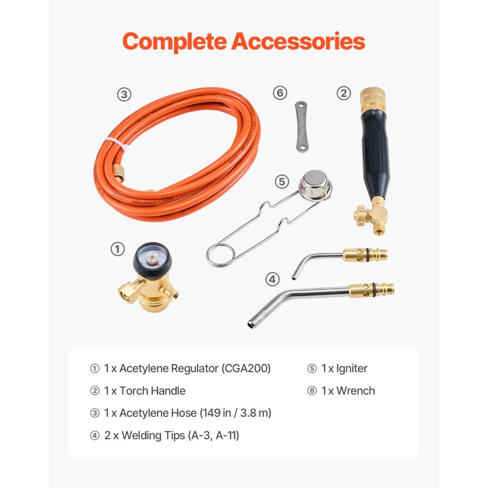 VEVOR Air Acetylene Torch Kit, Acetylene Gas Welding Tool with 149'' Hose, 2 Welding Tips, CGA200 Regulator & Torch Handle, Gas Brazing Welder for Home DIY Industrial Sites (without Gas Cylinder)