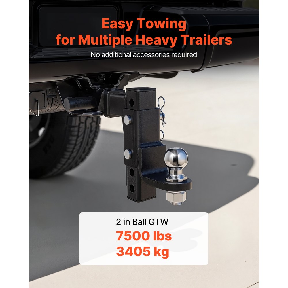 VEVOR Trailer Hitch Ball Mount, Fit 2-Inch Receiver, Adjustable Trailer Hitch with 2 Inch Ball & Pin, 7500 lbs GTW, 9.5 Inch Drop, Towing Ball Mounts for RVs, Off-Road Vehicles and Trucks, Black
