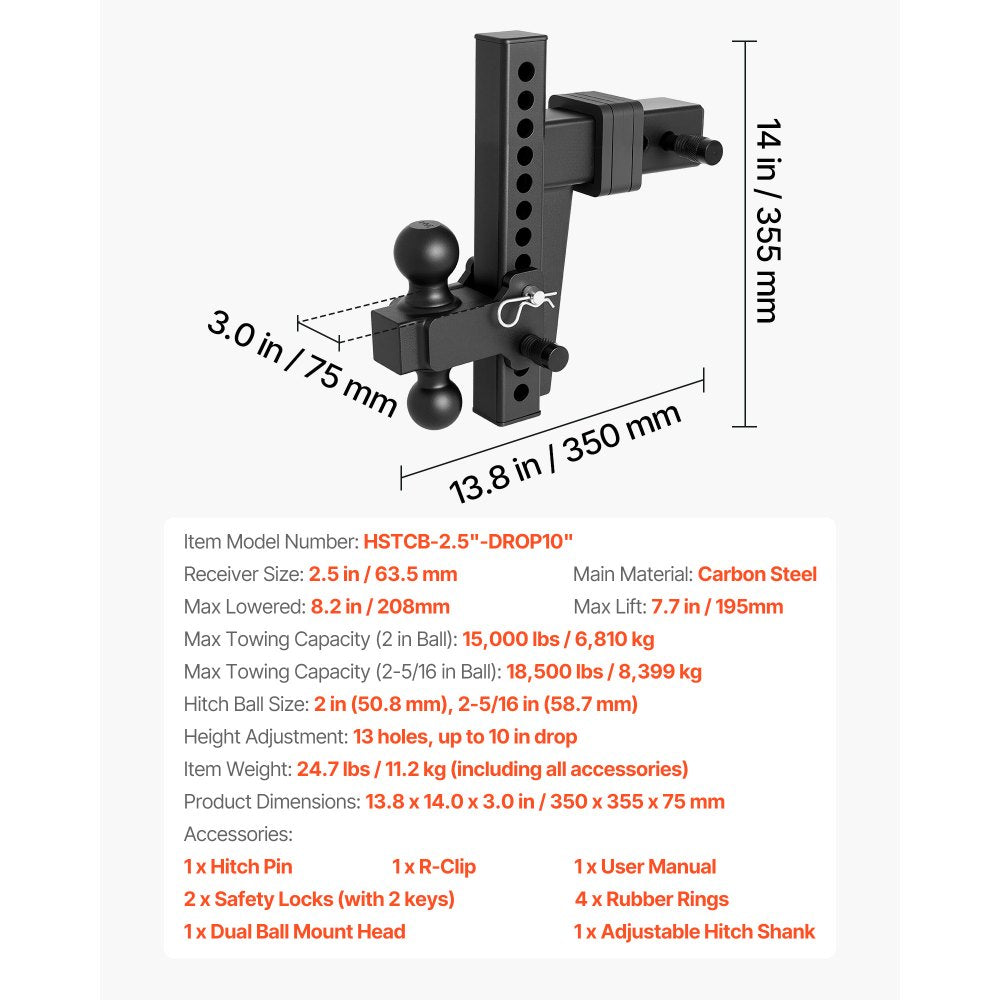 VEVOR Adjustable Trailer Hitch, Fit 2.5 Inch Receiver, Trailer Hitch Mount with 2 Inch & 2-5/16 Inch Balls, 18500 lbs GTW, 10 Inch Drop, Towing Ball Mounts for RVs, Off-Road Vehicles and Trucks, Black