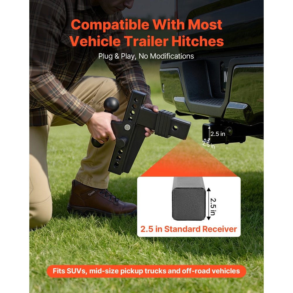 VEVOR Adjustable Trailer Hitch, Fit 2.5 Inch Receiver, Trailer Hitch Mount with 2 Inch & 2-5/16 Inch Balls, 28000 lbs GTW, 8 Inch Drop, Towing Ball Mounts for RVs, Off-Road Vehicles and Trucks, Black